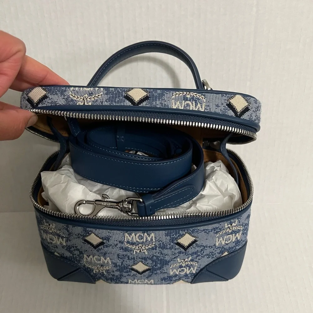 MCM Blue Logo Monogram Crossbody Vanity Case